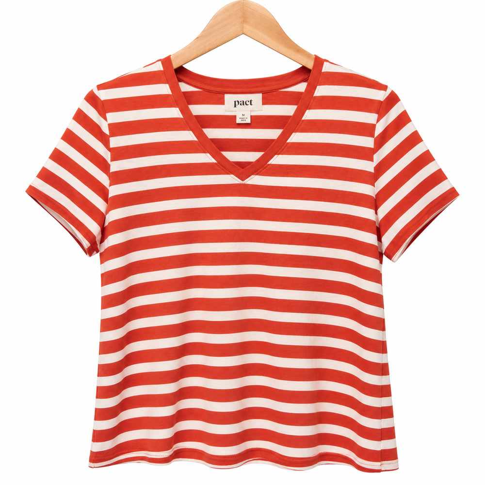 Pact Top Womens Size L Red White Stripe V-Neck Short Sleeve 100% Organic Cotton